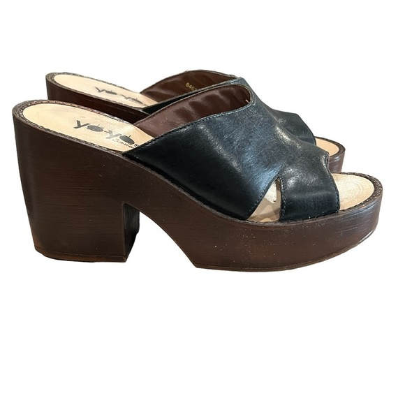 YoYo Vintage Y2K 6.5 Wooden Leather Platform Chunky Wedge Sandals 90’s - Picture 2 of 10